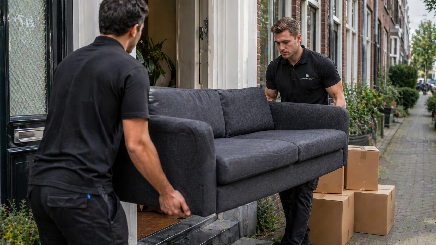 Verhuizers van MovingMate dragen een bank tijdens een verhuizing